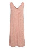 Ärmelloses Korallenkleid mit kleinem weißen Blumenmuster, V-Ausschnitt und lockerem, knielangem Schnitt.