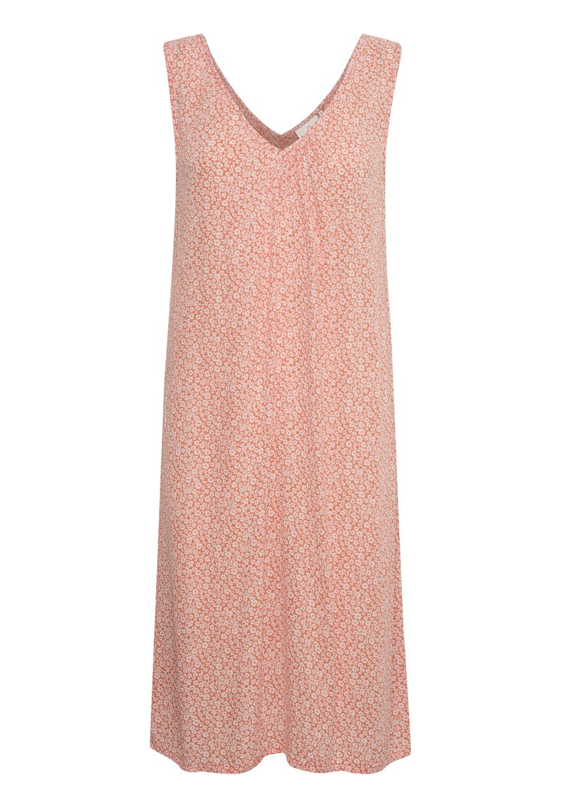 Ärmelloses Korallenkleid mit kleinem weißen Blumenmuster, V-Ausschnitt und lockerem, knielangem Schnitt.