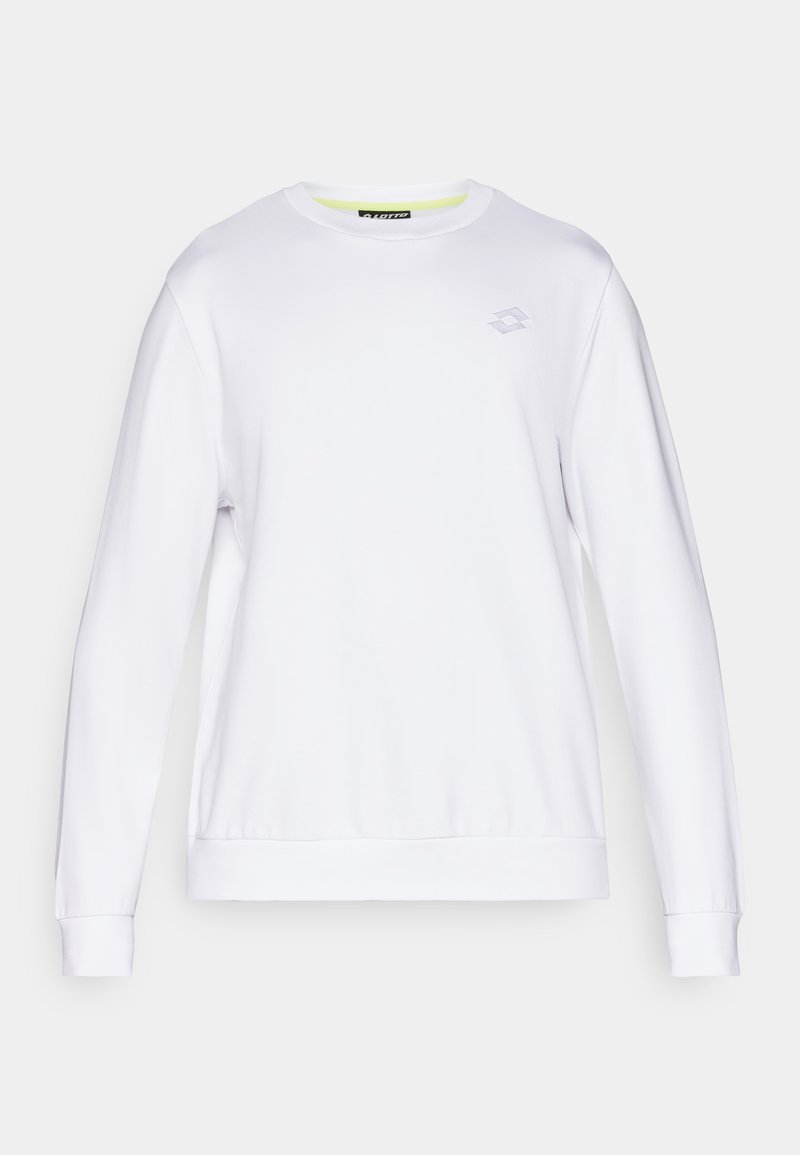 Weißes Sweatshirt mit langen Ärmeln, Rundhalsausschnitt und gerippten Bündchen. Verfügt über ein dezentes geometrisches Logo auf der Brust. Glatte Textur.