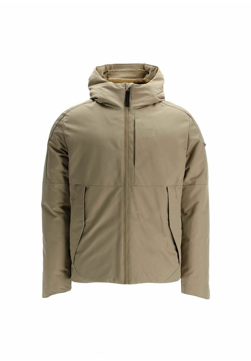 Khakifarbene Kunstfaserjacke mit Kapuze, Frontreißverschluss und zwei Seitentaschen, glatte Oberfläche und minimalistisches Design.