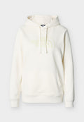 Weißer Hoodie mit Fronttasche, Kordelzugkapuze und dezentem, hellgelb besticktem "The North Face"-Logo auf der Brust.