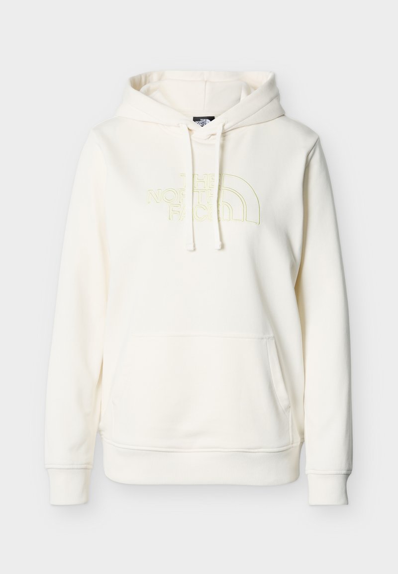 Weißer Hoodie mit Fronttasche, Kordelzugkapuze und dezentem, hellgelb besticktem "The North Face"-Logo auf der Brust.