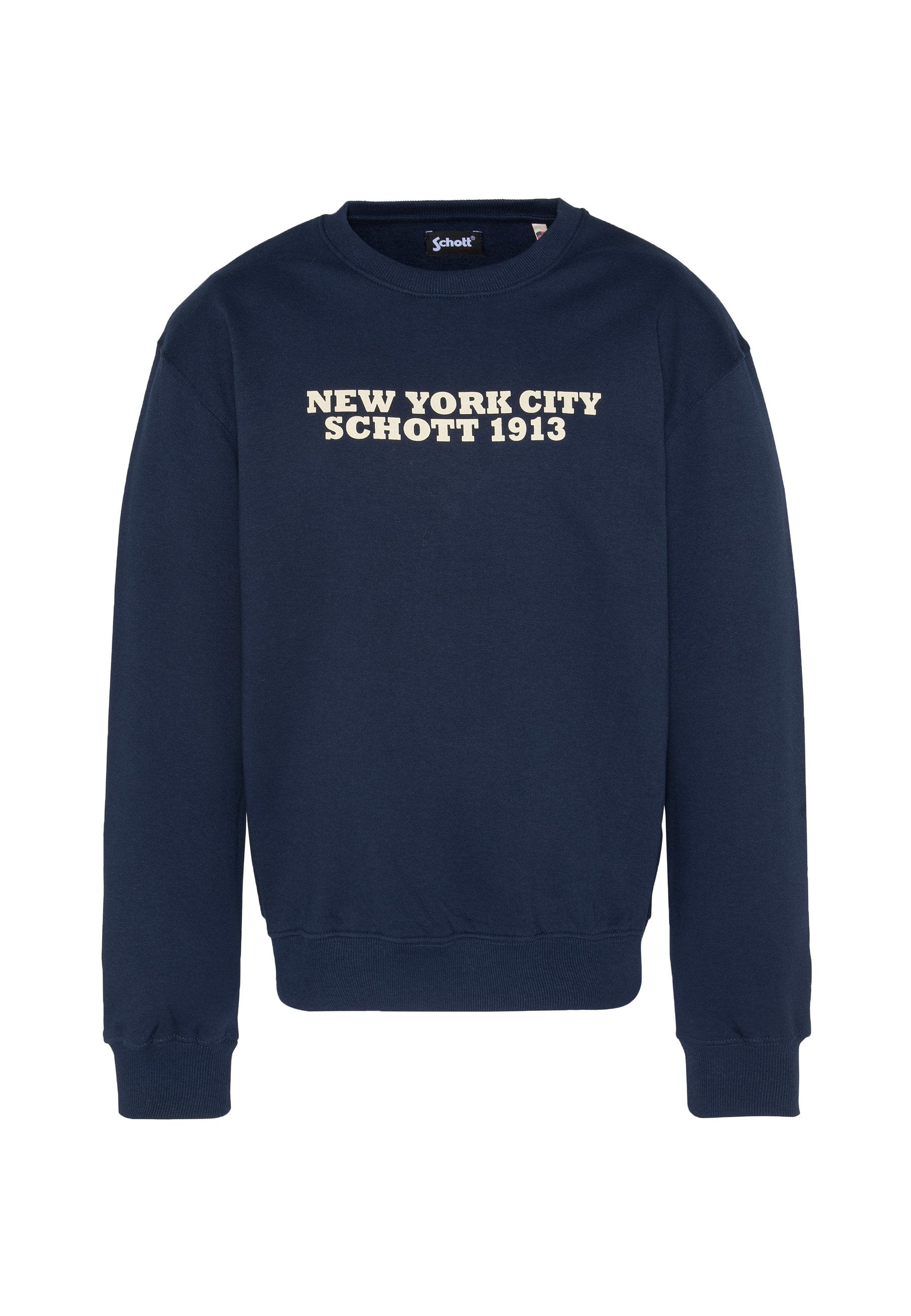 Marineblauer Pullover mit gerippten Bündchen und Saum, mit dem Schriftzug "NEW YORK CITY SCHOTT 1913" in beigem Text über der Brust. Aus Baumwollmaterial.