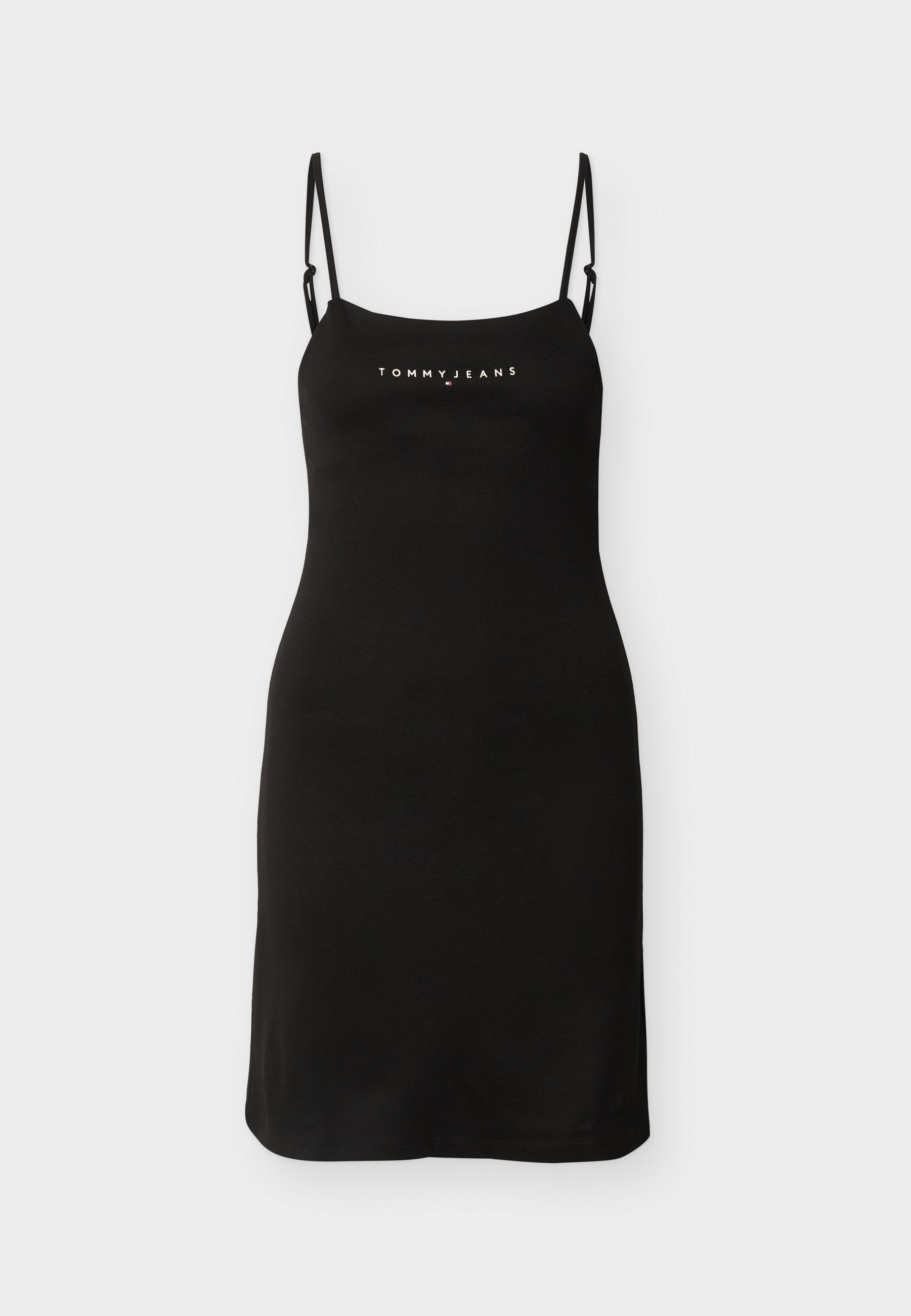Schwarzes ärmelloses Minikleid mit schmalen, verstellbaren Trägern und "Tommy Jeans"-Logo mittig auf der Brust.