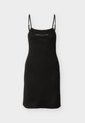 Schwarzes ärmelloses Minikleid mit schmalen, verstellbaren Trägern und "Tommy Jeans"-Logo mittig auf der Brust.
