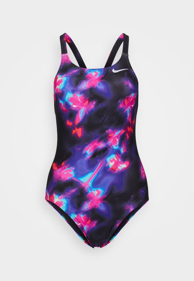 Einteiliger Badeanzug in Schwarz mit lebhaftem pink- und blauem abstraktem Muster. Verfügt über dünne Träger und eine bequeme, schlanke Passform.