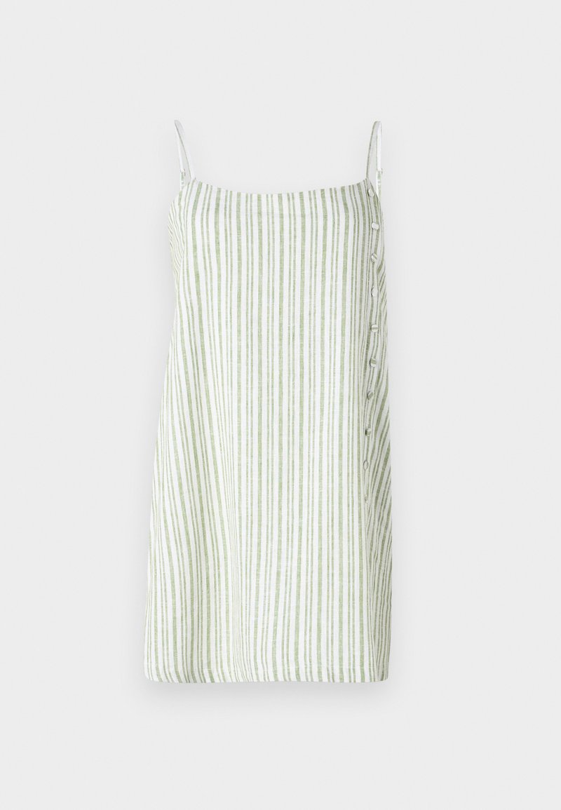 Gestreiftes ärmelloses Kleid in Weiß und Grün, mit geradem Schnitt, leinenartiger Textur und Knopfdetails an der Seite.