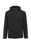 Schwarze wasserdichte Jacke mit hohem Kragen und verstellbare Kapuze, ausgestattet mit zwei Fronttaschen und einem minimalistischen Design. Glatte Textur.