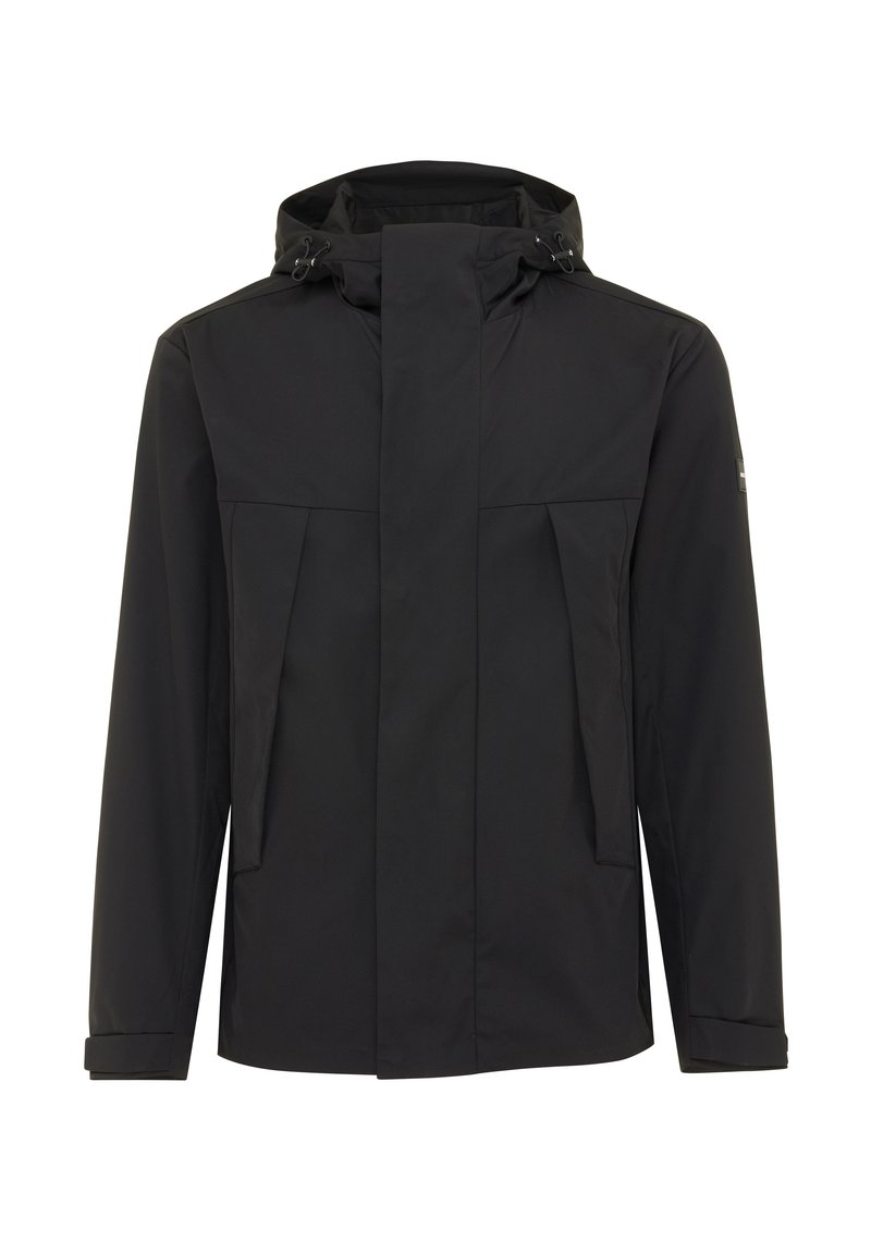 Schwarze wasserdichte Jacke mit hohem Kragen und verstellbare Kapuze, ausgestattet mit zwei Fronttaschen und einem minimalistischen Design. Glatte Textur.