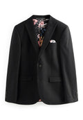Schwarzer Blazer mit einem einzigen Knopf, Spitzrevers und floral gemustertem Futter. Verfügt über zwei Fronttaschen und ein Einstecktuch. Glatte Textur.