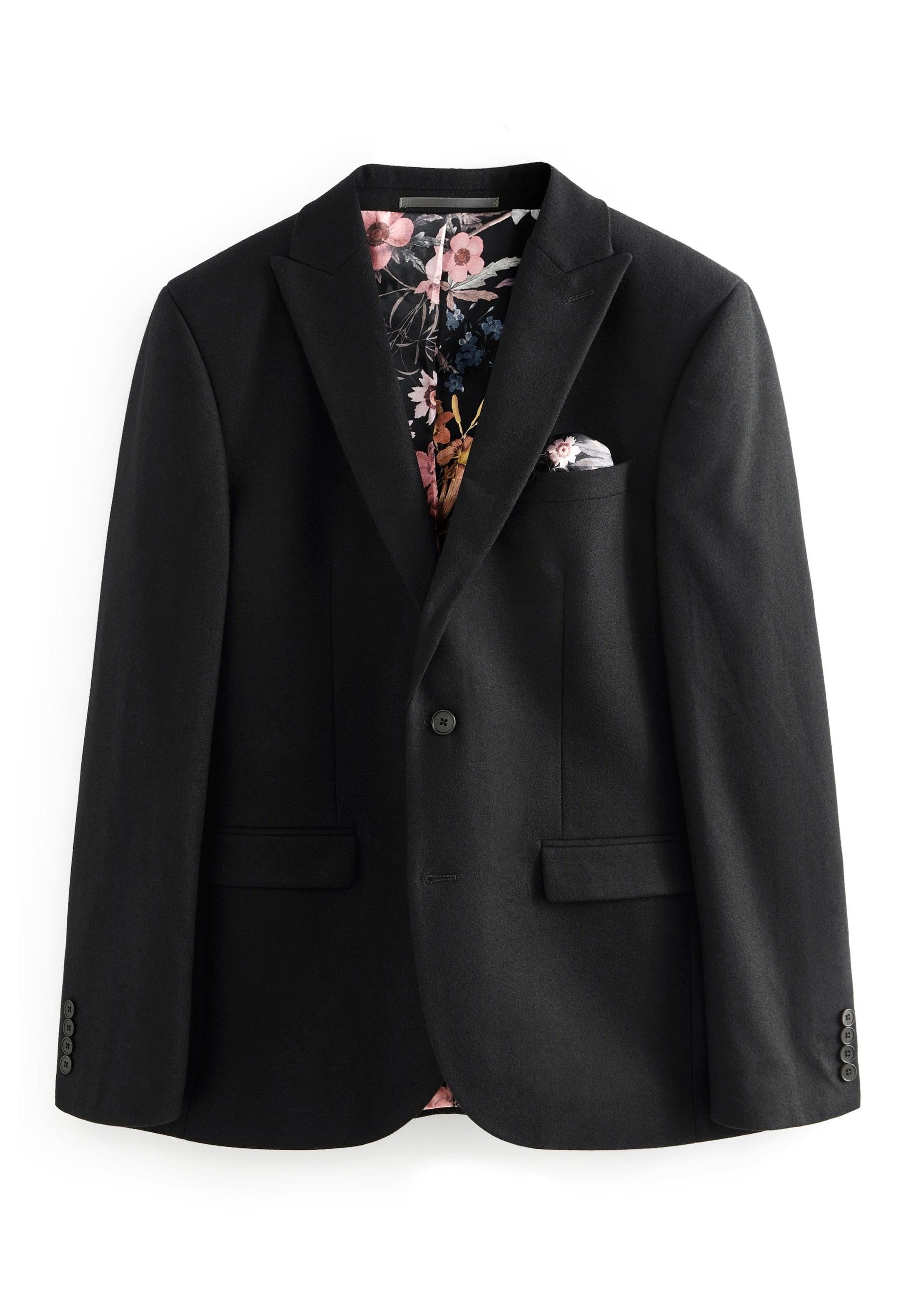 Schwarzer Blazer mit einem einzigen Knopf, Spitzrevers und floral gemustertem Futter. Verfügt über zwei Fronttaschen und ein Einstecktuch. Glatte Textur.