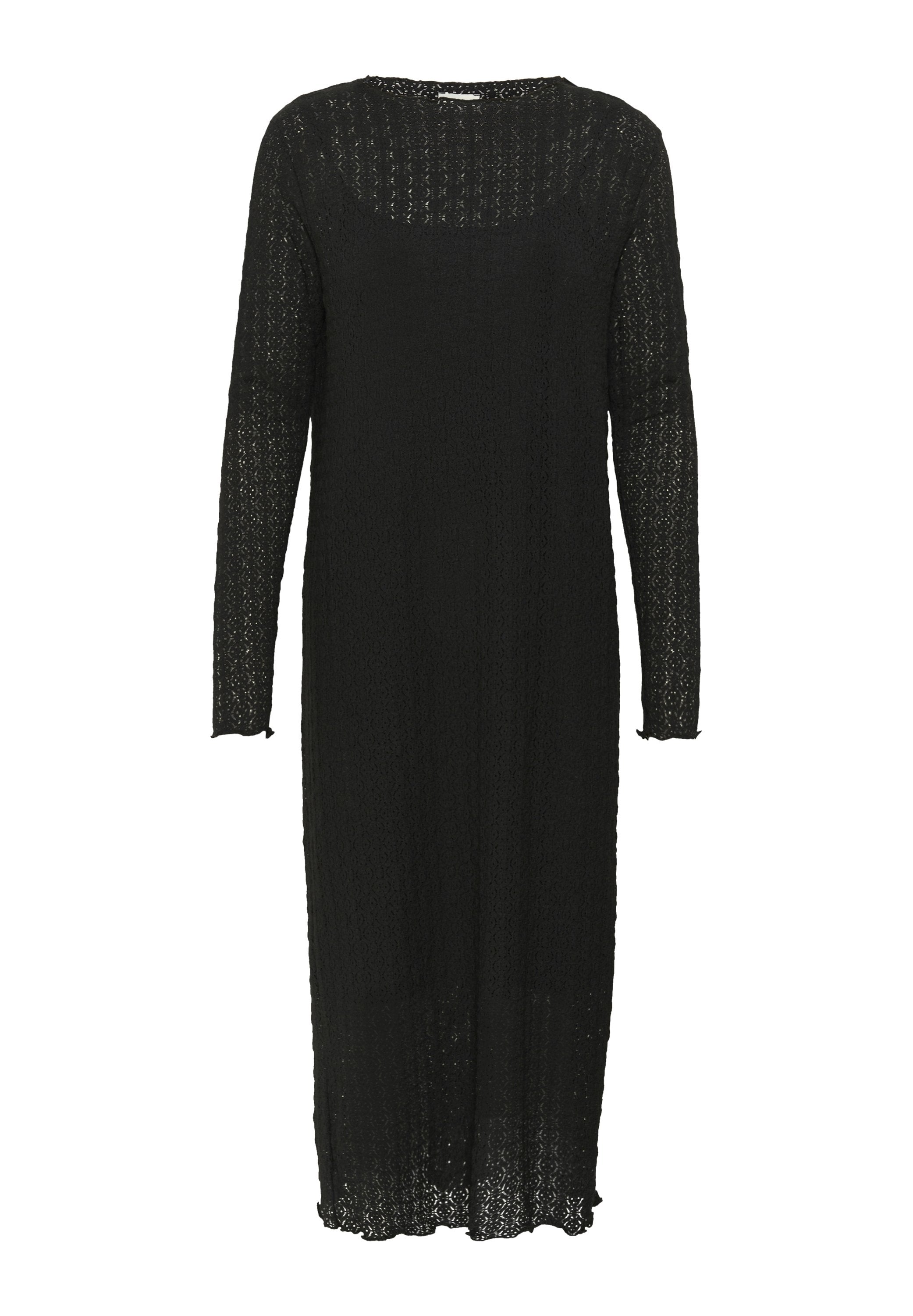 Schwarz gestricktes Kleid mit langen Ärmeln, das ein offenes Webmuster, einen runden Ausschnitt und einen geraden Schnitt aufweist, der bis zur Mitte der Waden reicht.