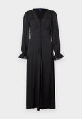 Schwarzes langärmeliges Kleid mit V-Ausschnitt, Spitzenbesatz und durchgehendem Knopfverschluss. Es verfügt über eine taillierte Passform und ausgestellte Ärmel mit Lochstickereien.