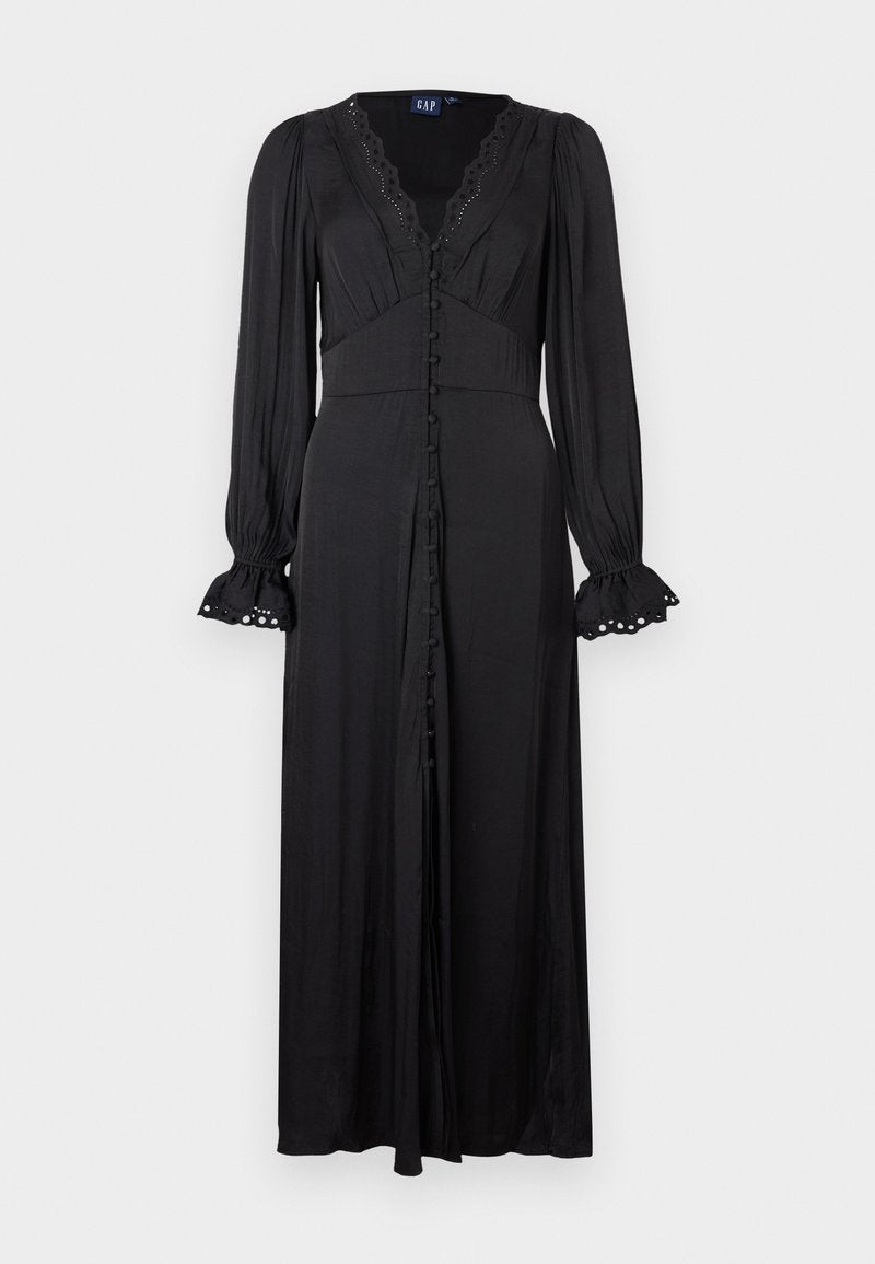 Schwarzes langärmeliges Kleid mit V-Ausschnitt, Spitzenbesatz und durchgehendem Knopfverschluss. Es verfügt über eine taillierte Passform und ausgestellte Ärmel mit Lochstickereien.