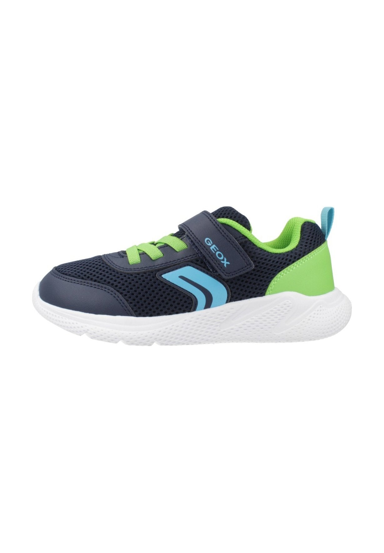 Marineblaue Netzsneaker mit grünen Akzenten, weißer Sohle, Klettverschluss und kontrastierendem hellblauen Logo. Texturierte Gummisohle für hervorragenden Grip.