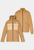 Braune Outdoor-Jacke mit abnehmbarem Kapuze und zwei großen Fronttaschen. Das Innere hat ein gestepptes Design in einer ähnlichen Farbe.