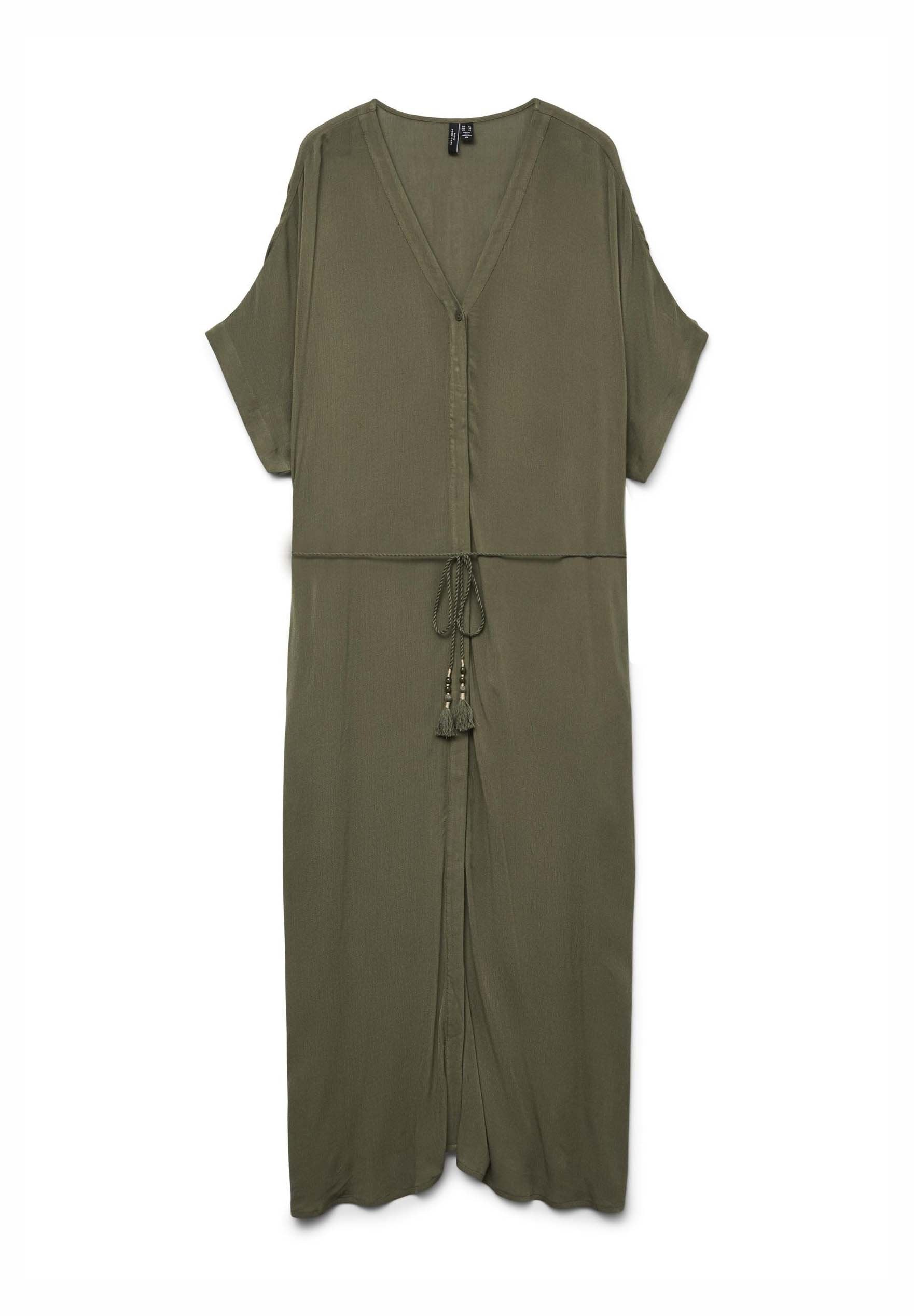 Olivgrünes, lässig geschnittenes Kleid mit kurzen Ärmeln, V-Ausschnitt, Knopfleiste vorne, verstellbarem Kordelzug in der Taille und Troddel-Akzenten.