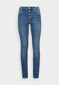 Schmal geschnittene Jeans in mittlerem blauen Denim mit hoher Taille, fünffach Knopfverschluss, Fronttaschen und glatter Textur. Keine sichtbaren Abnutzungen.