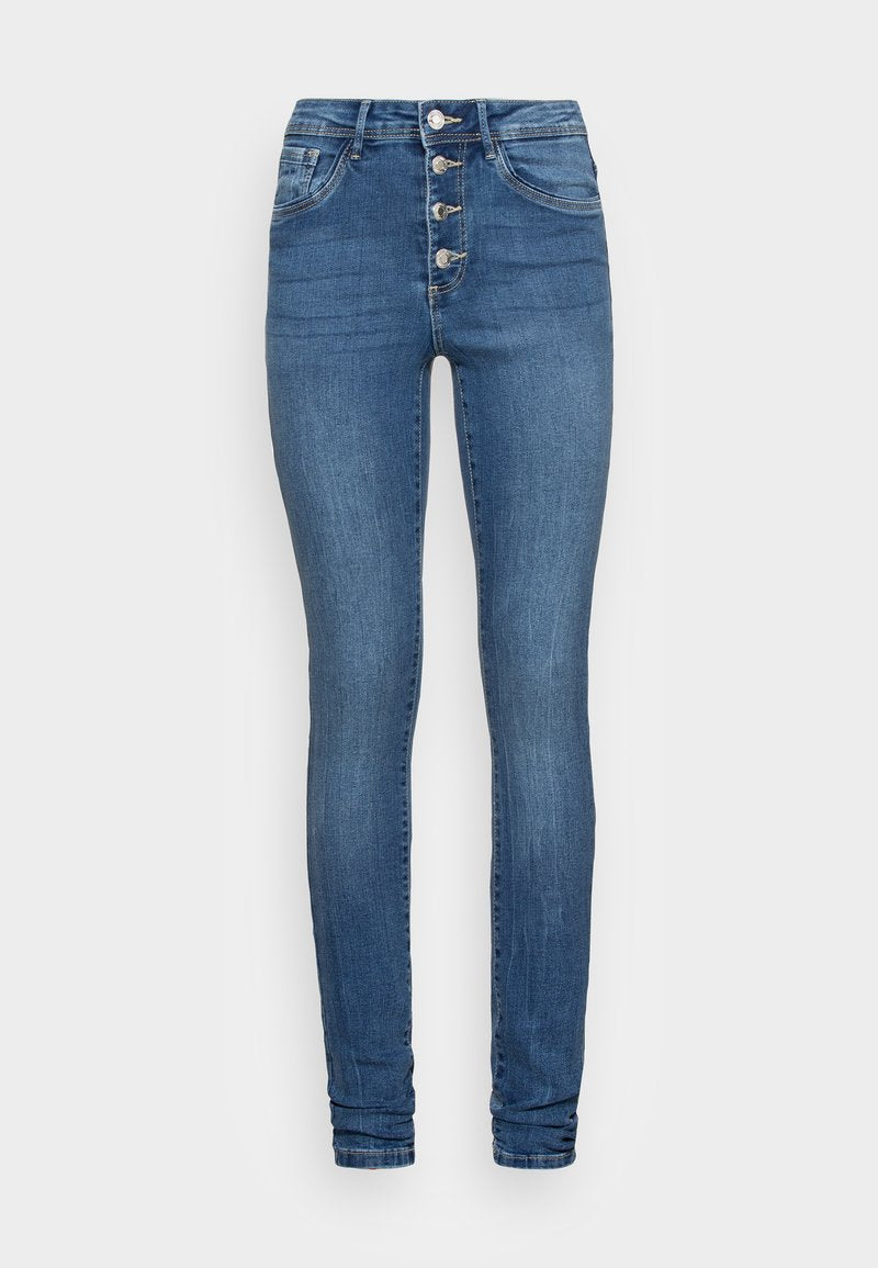 Schmal geschnittene Jeans in mittlerem blauen Denim mit hoher Taille, fünffach Knopfverschluss, Fronttaschen und glatter Textur. Keine sichtbaren Abnutzungen.
