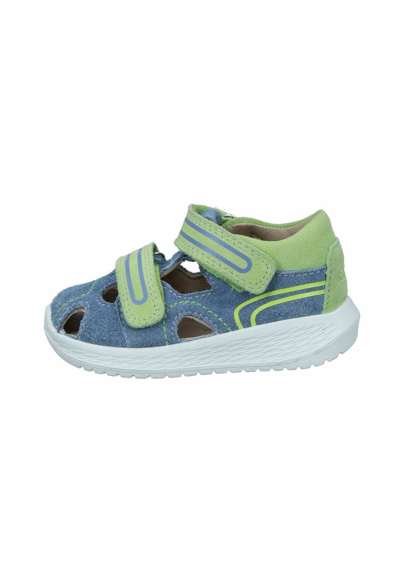 Blaue und grüne Kindersandale mit Klettverschlüssen, Ausschnitten und einer weißen Gummisohle. Glatte Textur und sportliches Design.