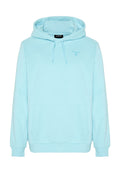 Hellblauer Hoodie mit vorderer Kängurutasche, verstellbarem Tunnelzug an der Kapuze, gerippten Bündchen und kleinem gesticktem Logo auf der Brust.