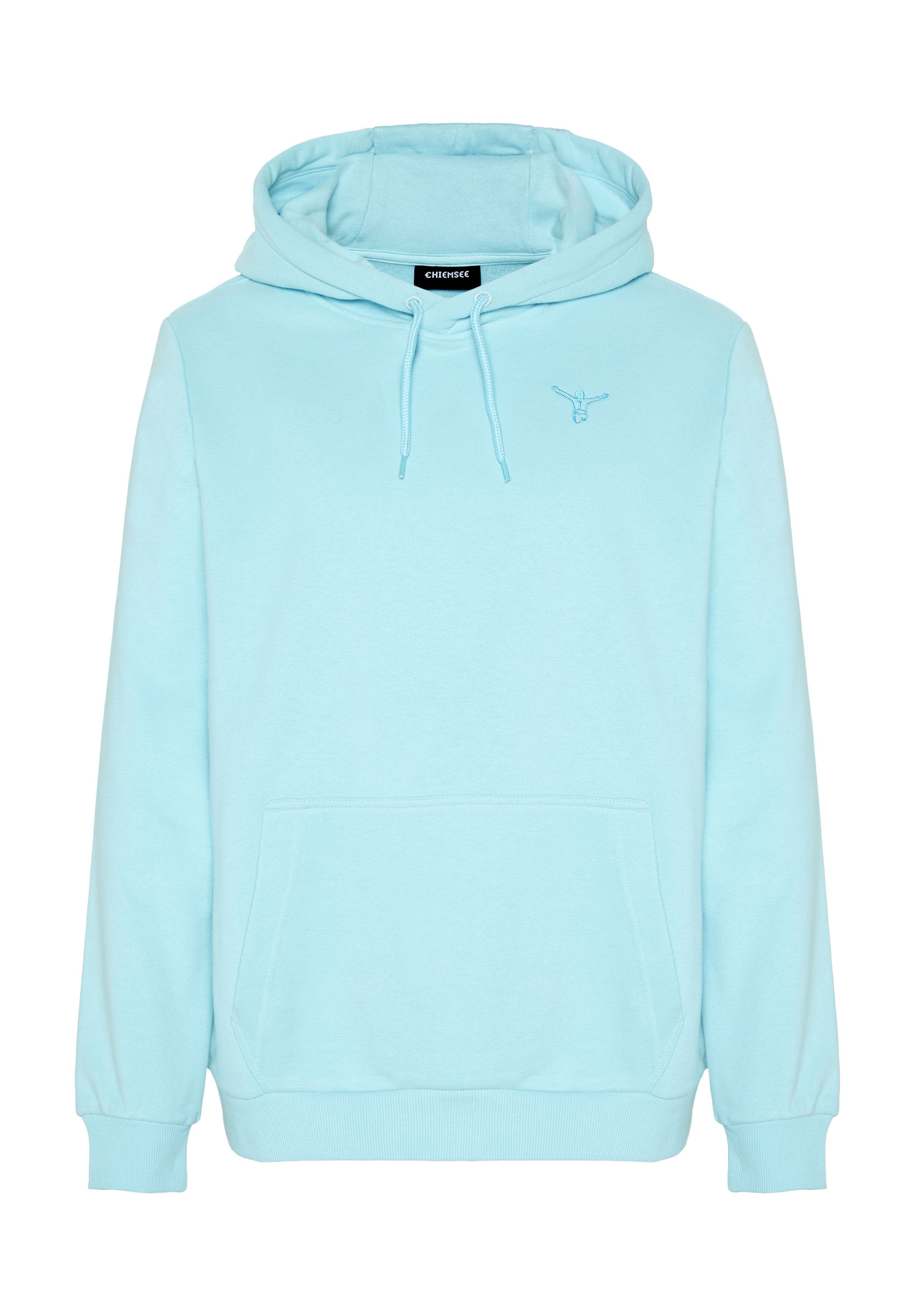 Hellblauer Hoodie mit vorderer Kängurutasche, verstellbarem Tunnelzug an der Kapuze, gerippten Bündchen und kleinem gesticktem Logo auf der Brust.