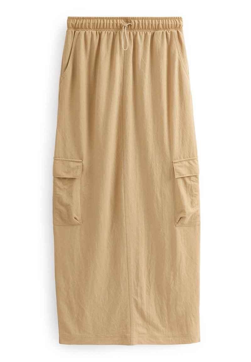 Beige Cargo-Rock mit elastischem Bund, zwei seitlichen Taschen und einem leichten, strukturierten Stoff. Mittellanges Design mit gerader Silhouette.