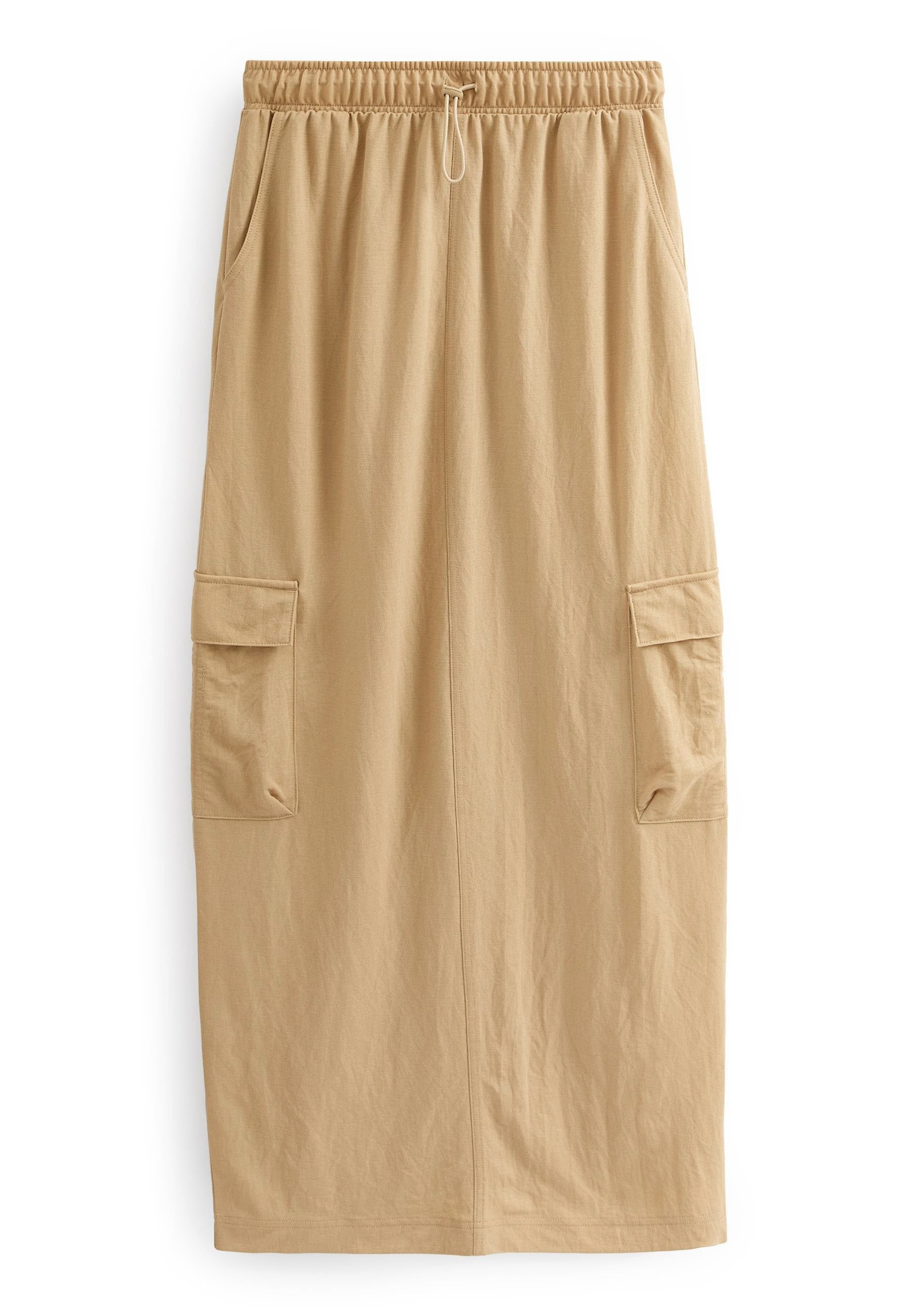 Beige Cargo-Rock mit elastischem Bund, zwei seitlichen Taschen und einem leichten, strukturierten Stoff. Mittellanges Design mit gerader Silhouette.