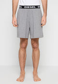 Graue Shorts aus atmungsaktivem Stoff mit einem elastischen Bund, der das schwarze "DIESEL"-Logo zeigt. Gerader Beinabschluss, ohne sichtbare Muster.