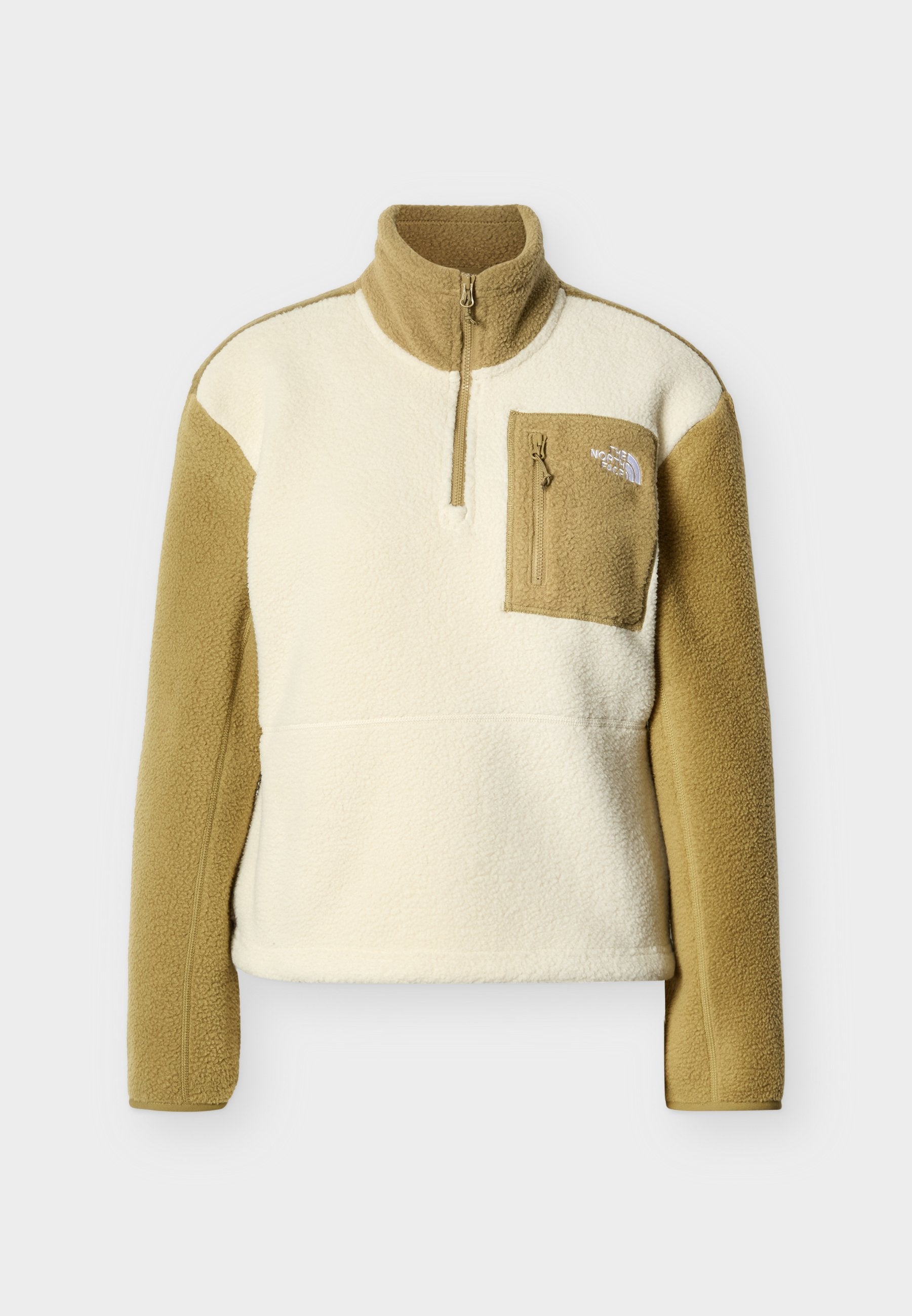 Fleece-Pullover in Creme und Beige mit halbem Reißverschluss, hohem Kragen und Frontreißverschlusstasche. Ausgestattet mit strukturierter Stoffqualität und kontrastierenden Ärmeln.