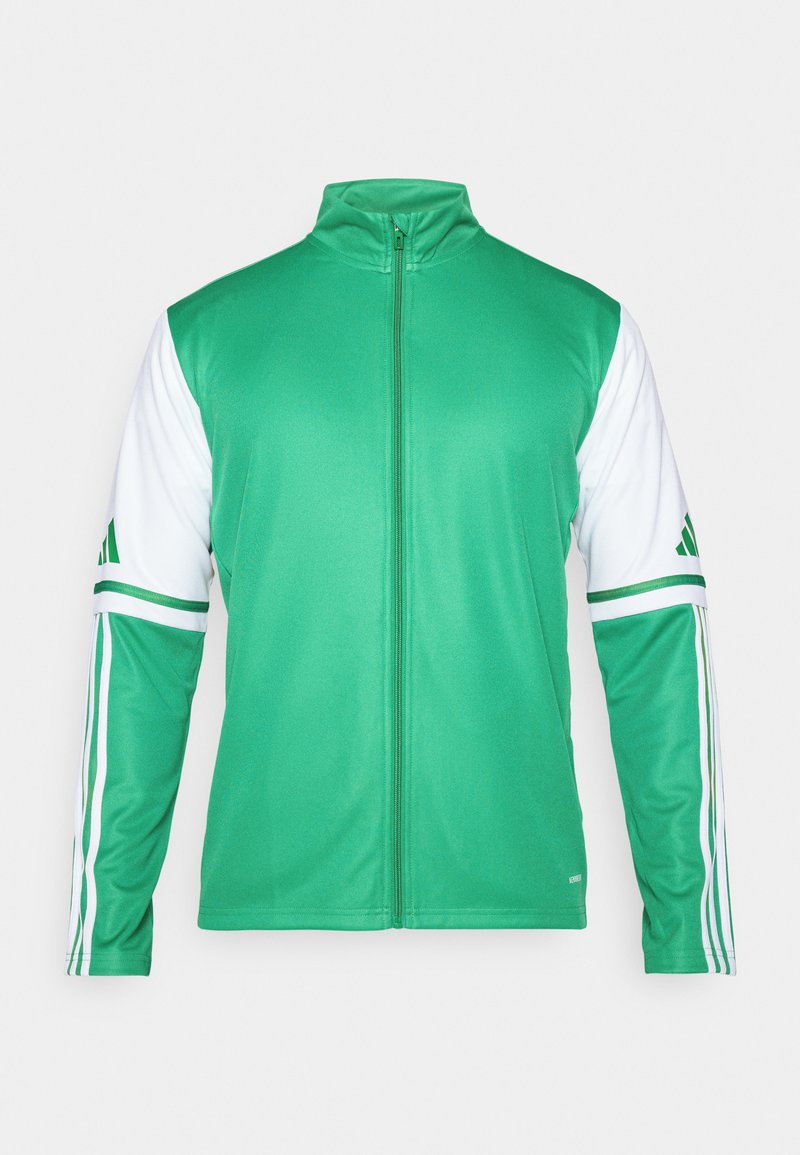 Grüne Zip-Jacke aus glattem Stoff, mit weißen Ärmeln und drei grünen Streifen sowie einem Stehkragen.