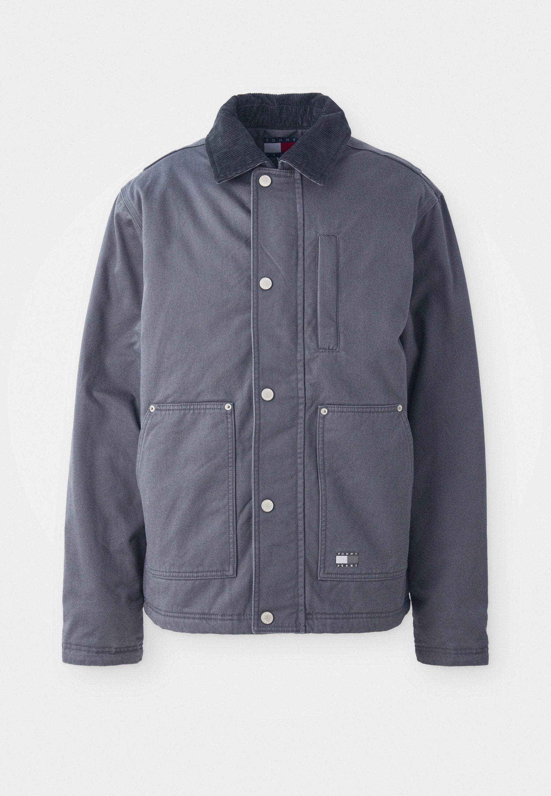 Dunkelgraue Jacke mit einem Cordkragen, Druckknöpfen und zwei Fronttaschen. Verfügt über eine Brusttasche und strukturierten Stoff.
