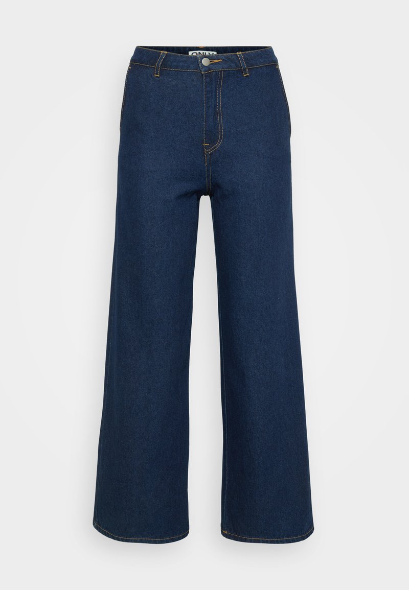 Weite Jeanshose in Dunkelblau mit kontrastierenden gelben Nähten, hoher Taille und Knopfverschluss. Glatte Textur und klassisches Design.