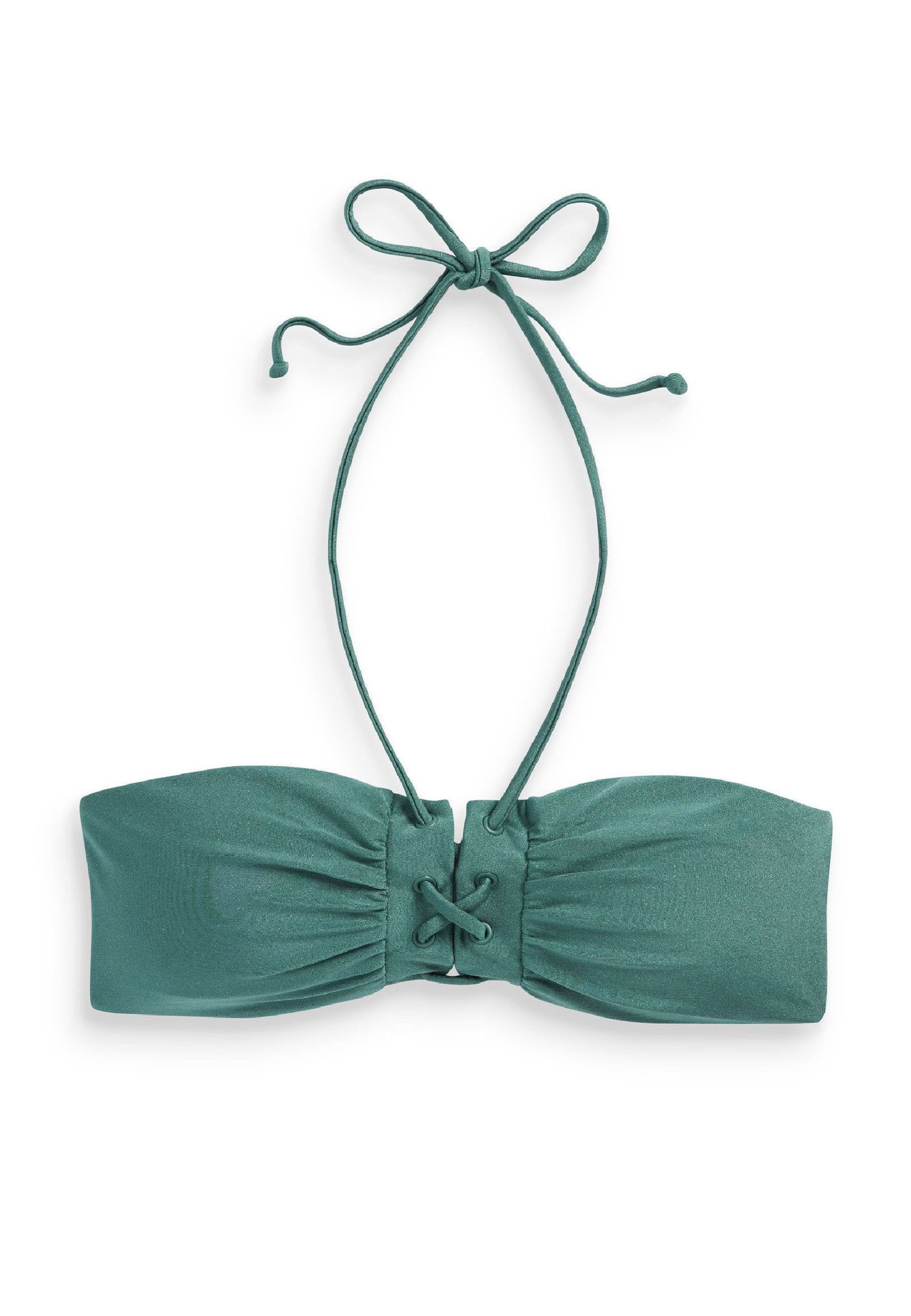 Grüner Bandeau-Bikini-Oberteil mit gerafften Details, verstellbaren Bindebändern und einem vorderen Schnürverschluss. Glatte, glänzende Stoffoberfläche.