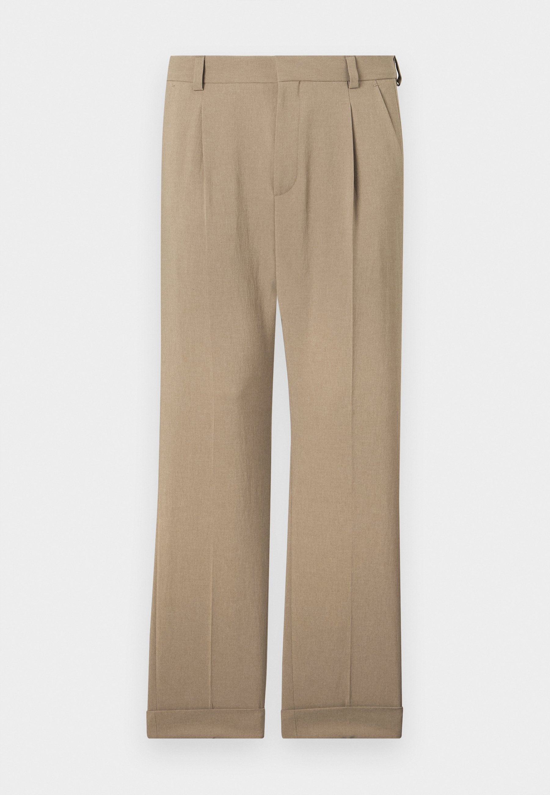 Beige Hosen aus leichtem Stoff, mit einem geraden Schnitt, doppelten Falten und umgeschlagenen Säumen für eine lässige Passform.