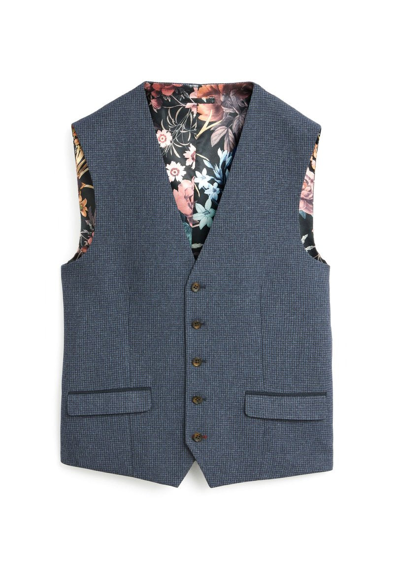 Männer Weste aus blauer Tweed mit fünf braunen Knöpfen, zwei Vorderaschen und einem floral gemusterten Futter in den Farben Pink, Blau und Grün.