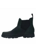 Schwarze Leder Stiefeletten mit elastischen Seitenpaneelen, strukturiertem Finish und robustem Gummisohle, ausgestattet mit einer Zuglasche für einfachen Einstieg.