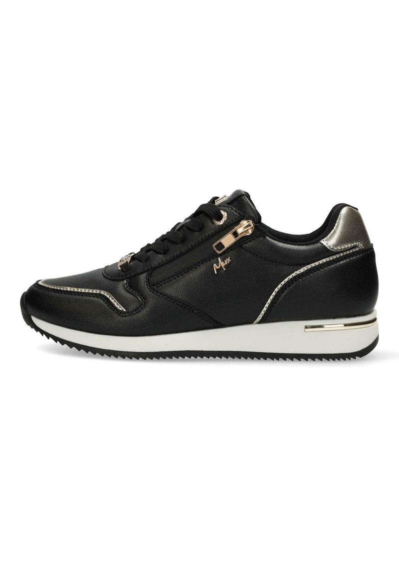 Schwarzer Sportschuh mit Obermaterial aus Synthetikleder, silbernen Akzenten und Schnürsenkeln. Verfügt über einen seitlichen Reißverschluss und eine Gummisohle mit strukturiertem Profil.