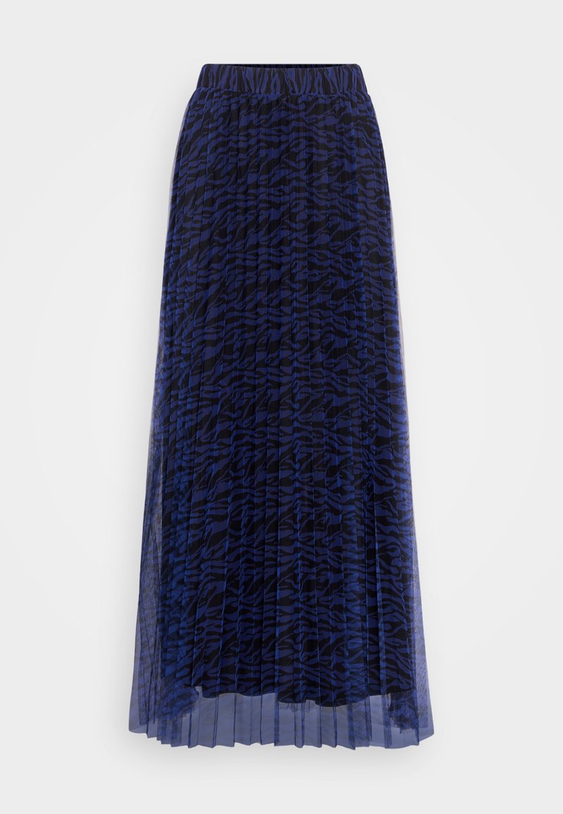 Faltenrock in Maxilänge aus durchscheinendem dunkelblauem Stoff mit einem blau-schwarzen Tigermuster. Elastischer Bund für Komfort und Passform.