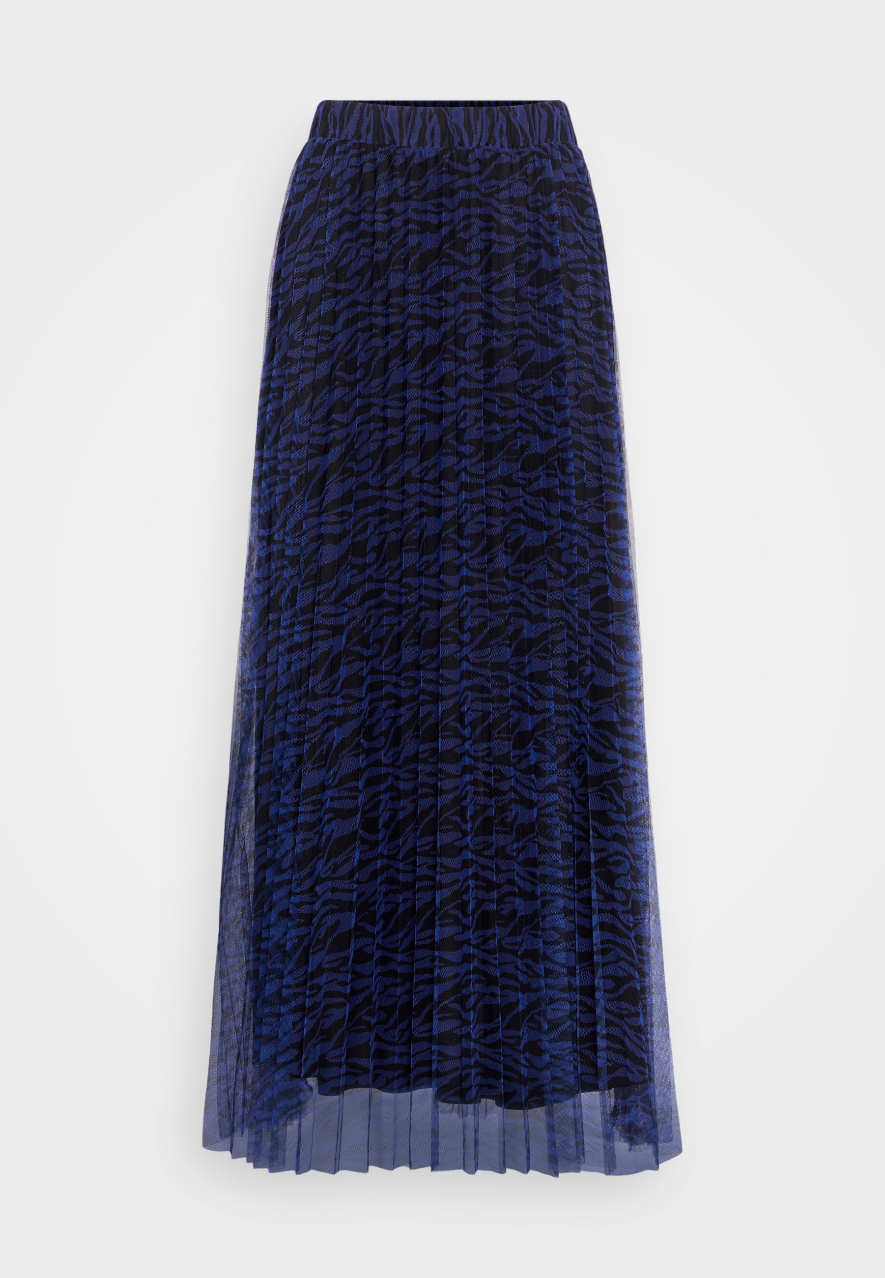 Faltenrock in Maxilänge aus durchscheinendem dunkelblauem Stoff mit einem blau-schwarzen Tigermuster. Elastischer Bund für Komfort und Passform.