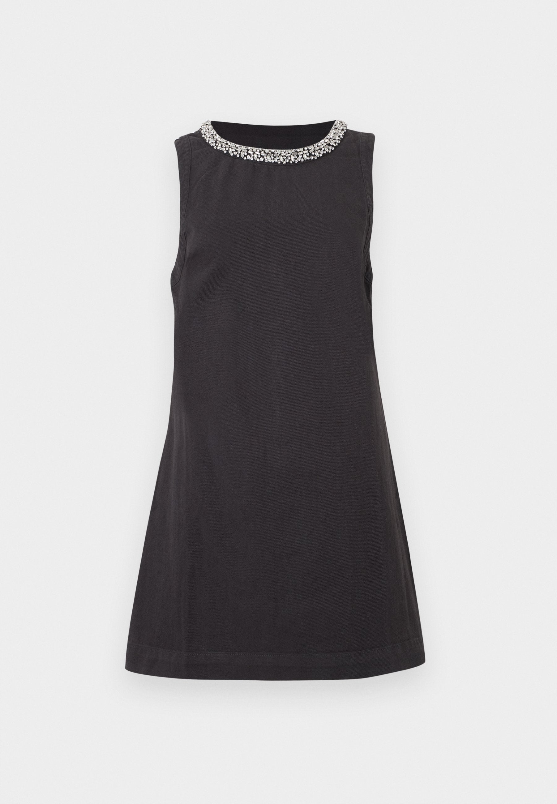 Schwarzes ärmelloses Kleid mit rundem Ausschnitt, verziert mit einer Perlenapplikation am Kragen und einem ausgestellten A-Linien-Schnitt.