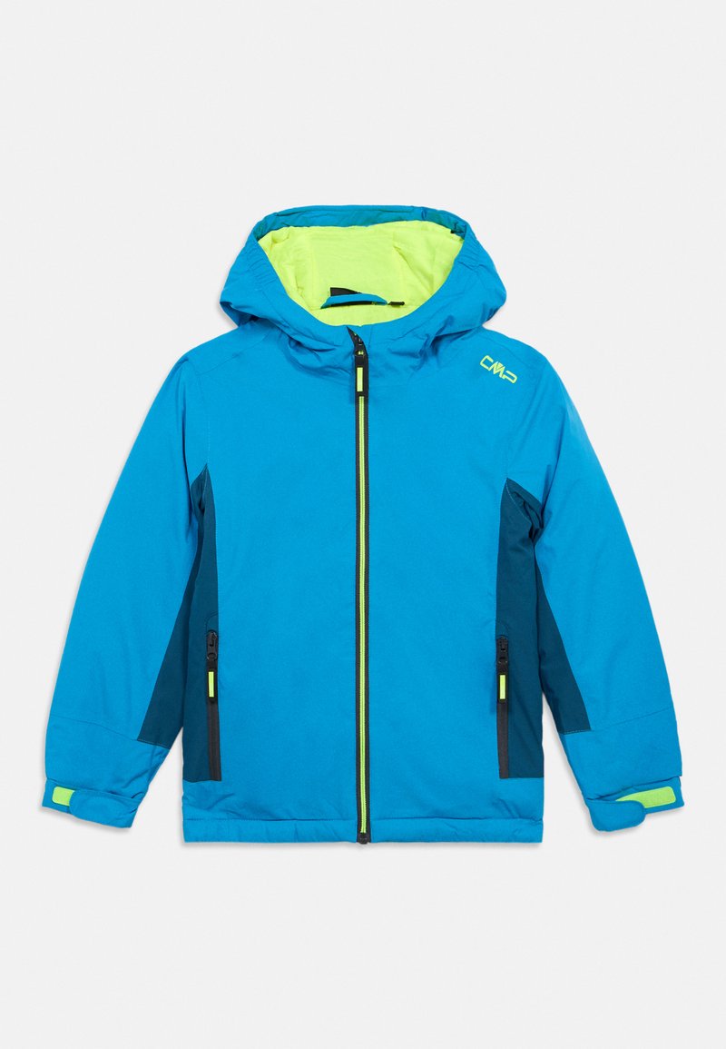 Blauer Winterjacke mit grünem Innenfutter, Reißverschluss vorne, zwei Seitentaschen und kontrastierenden dunkelblauen Seitenteilen. Mit verstellbaren Manschetten.