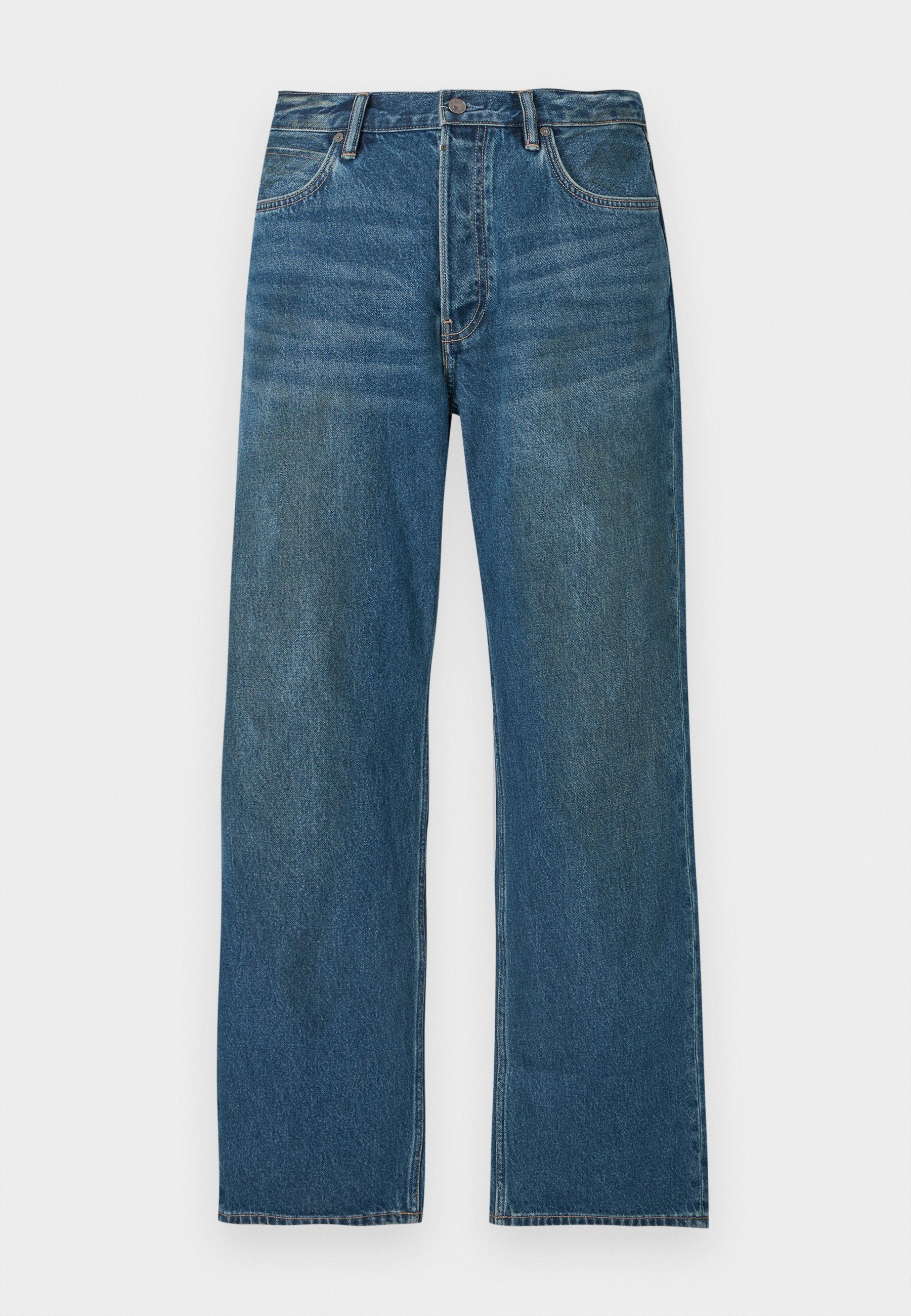 Blaue hoch-taillierte gerade Jeans aus Denim mit Knopfverschluss, Fronttaschen und ausgeblichenen Details an Oberschenkeln und Knien.