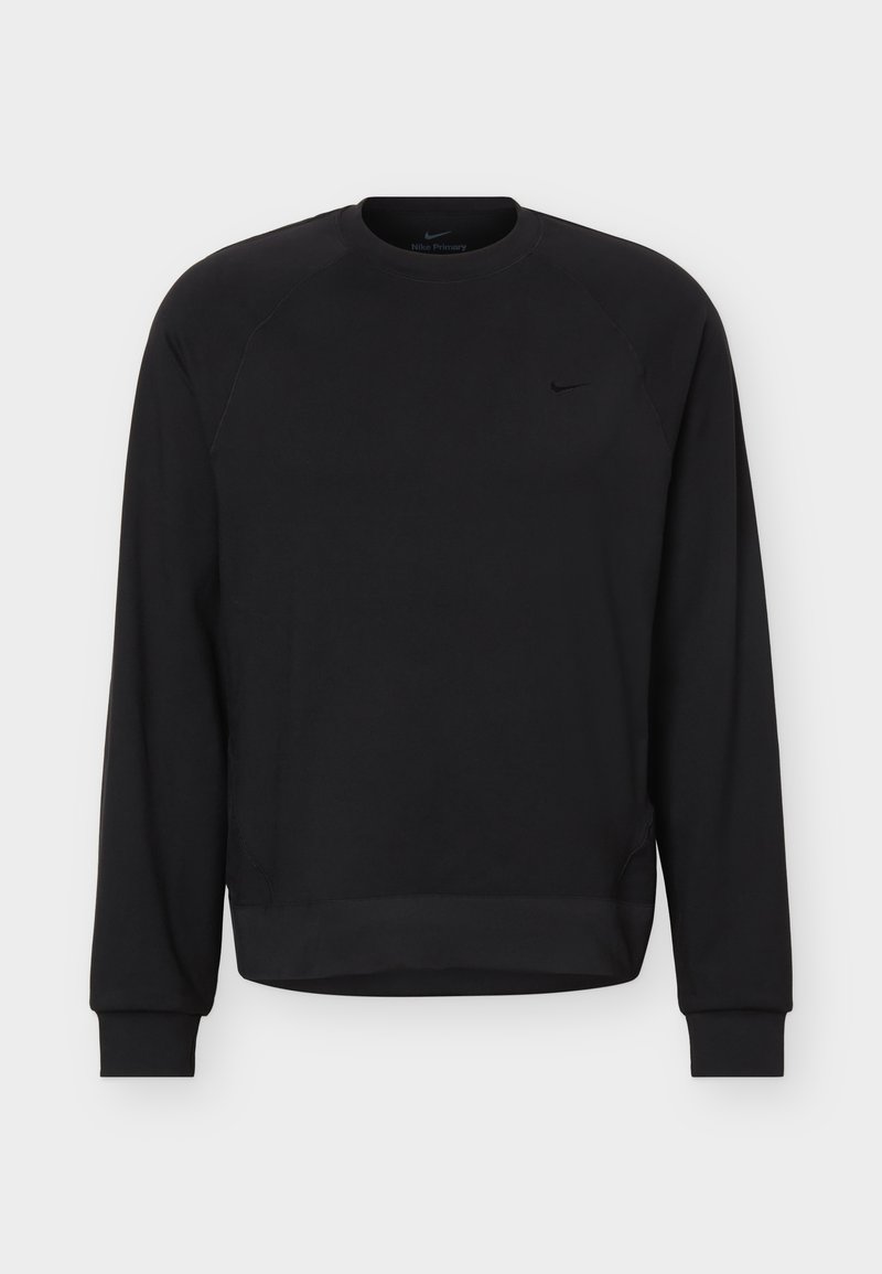 Schwarzes Sweatshirt mit langen Ärmeln und rundem Ausschnitt, mit gerippten Bündchen an Ärmeln und Saum, das ein kleines, dezentes Nike-Logo auf der linken Brust zeigt.