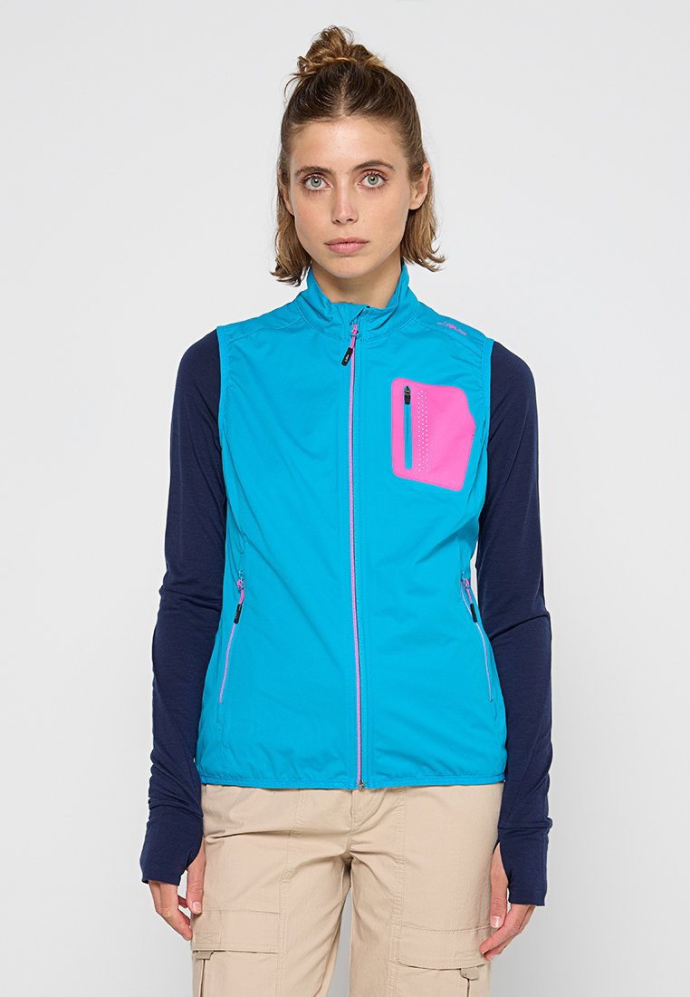 Blaues Westchen mit langen Ärmel in Marineblau, verfügt über eine rosa Brusttasche und rosa Reißverschlussakzente. Hergestellt aus glattem Stoff, entworfen für aktive Freizeit.