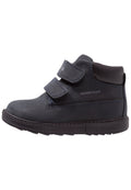 Schwarze wasserfeste Knöchelstiefel mit zwei Klettverschlussriemen, Gummisohle und strukturiertem Finish, mit blauen Nähakzenten.