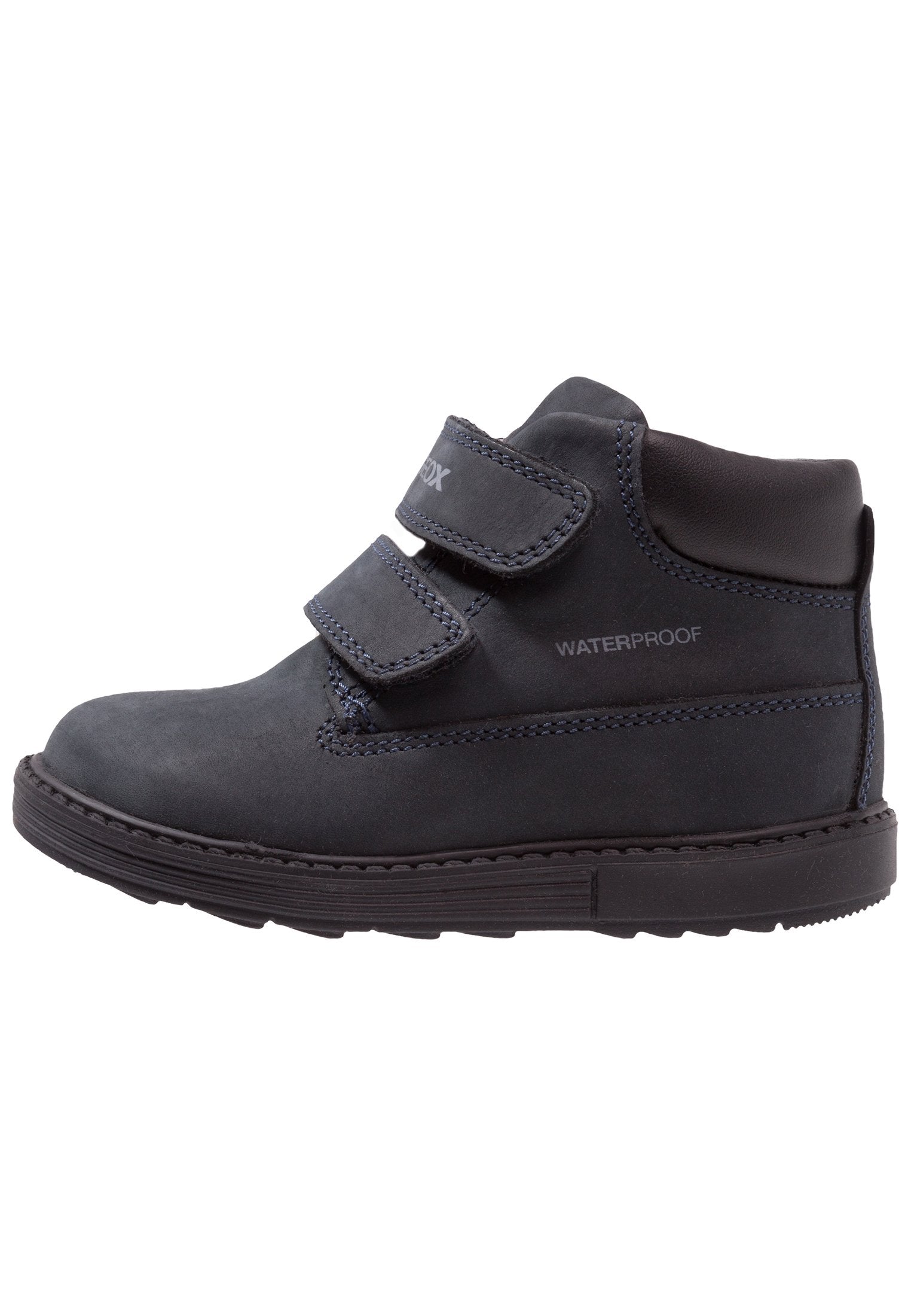 Schwarze wasserfeste Knöchelstiefel mit zwei Klettverschlussriemen, Gummisohle und strukturiertem Finish, mit blauen Nähakzenten.