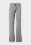Graue Sweatpants aus Baumwollmischung mit weitem Schnitt, elastischem Bund und verstellbarem Kordelzug. Weiche Textur, glatte Oberfläche, ohne Muster.