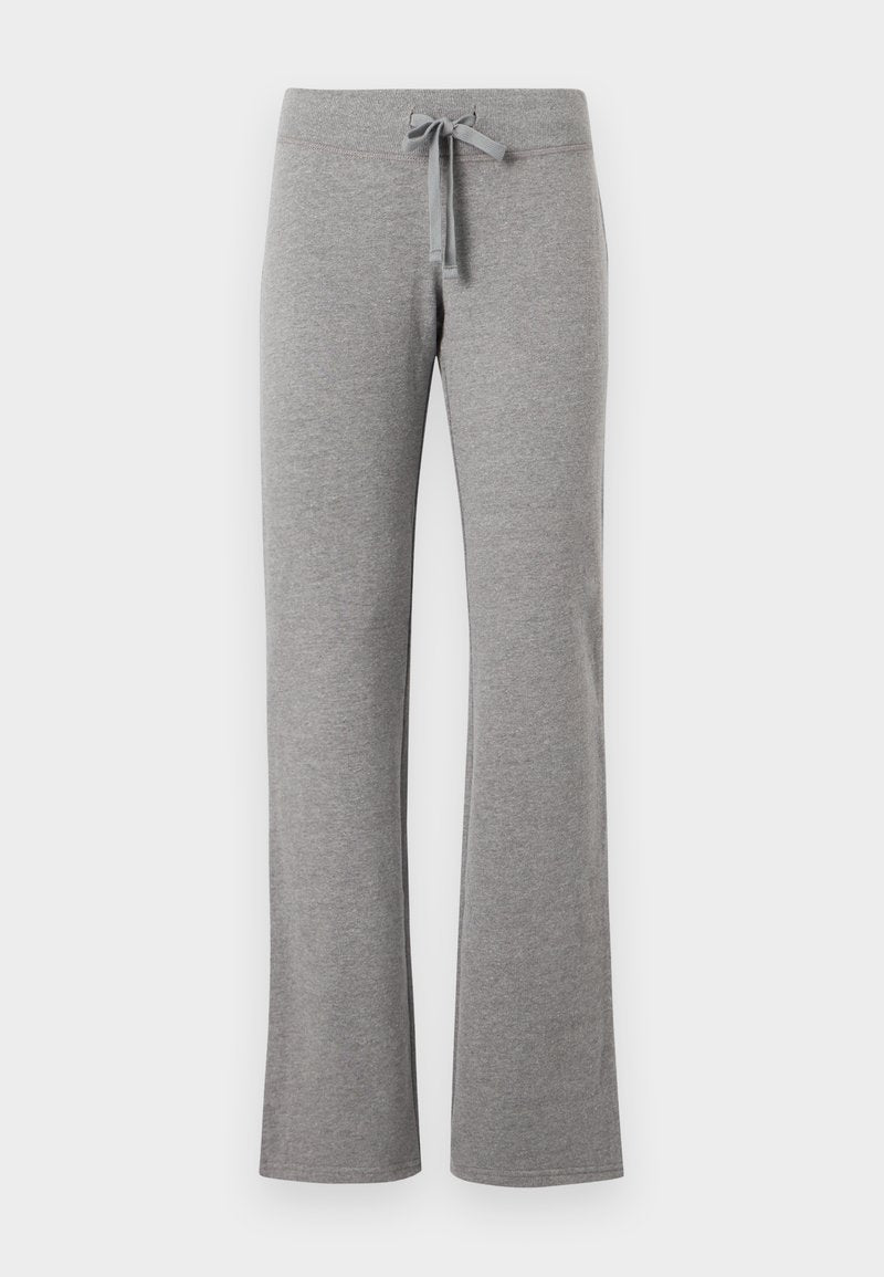 Graue Sweatpants aus Baumwollmischung mit weitem Schnitt, elastischem Bund und verstellbarem Kordelzug. Weiche Textur, glatte Oberfläche, ohne Muster.