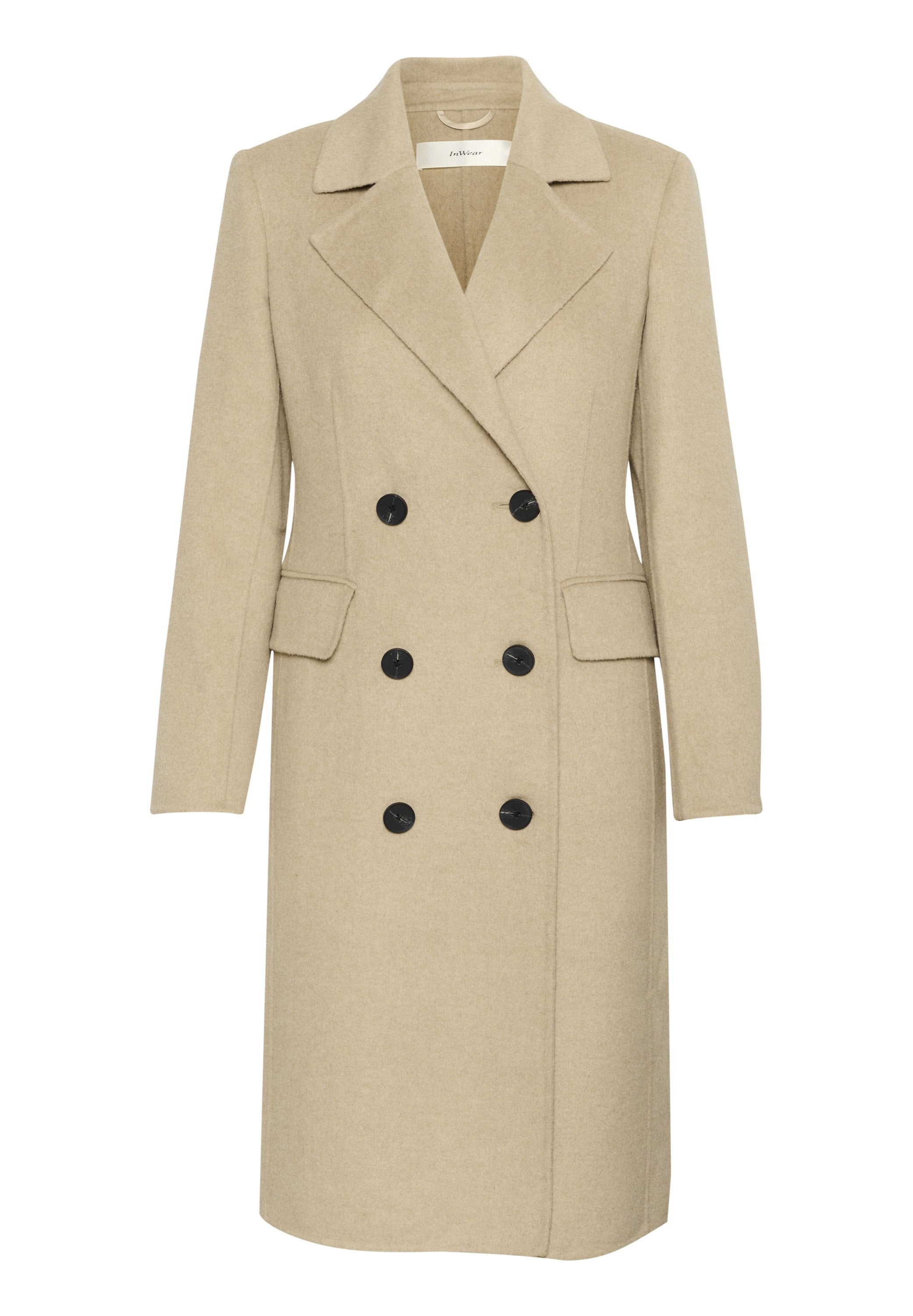 Beige Doppelreiher aus Wollmischung, mit Reverskragen, zwei Fronttaschen und schwarzen Knöpfen.
